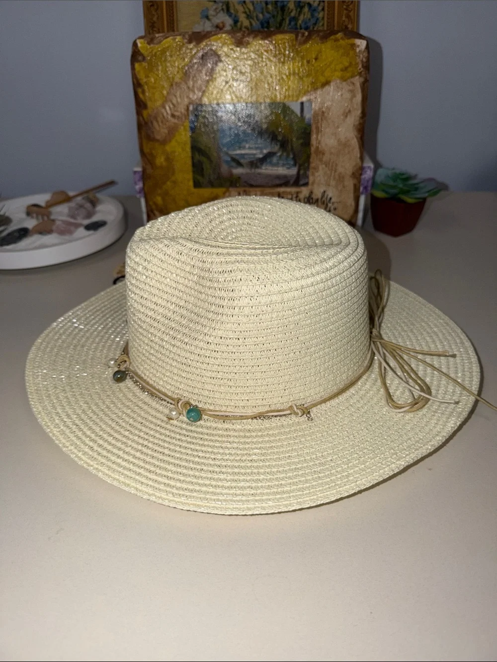 ROYAL Ivory Beaded Silver Tone Chain Triple Cord Tie Coastal Boho Straw Sun Hat